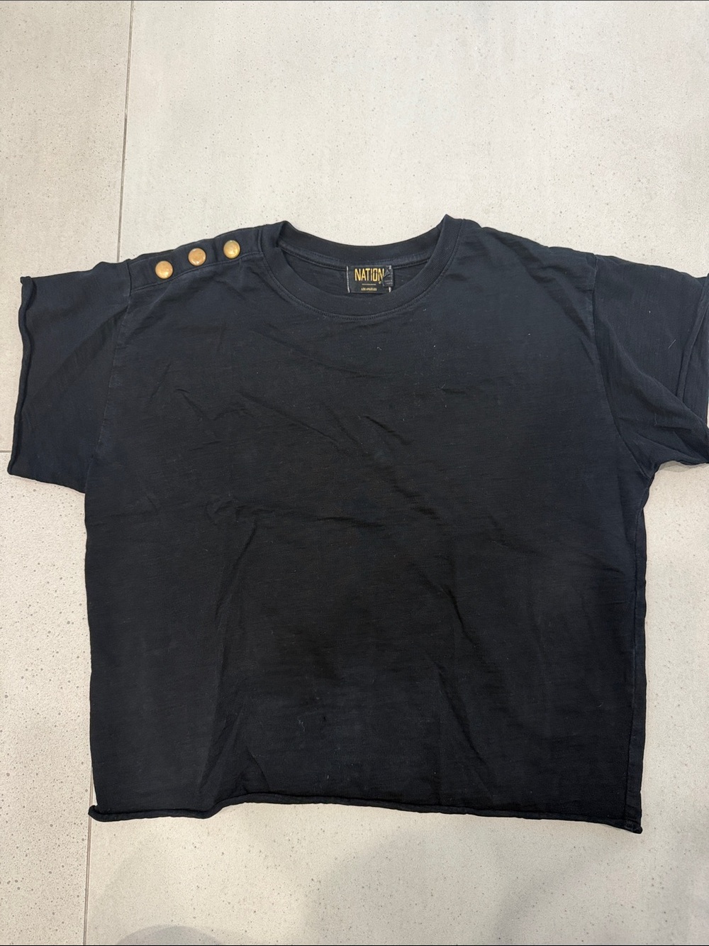 Nation LTD Black Short Sleeve Tee with Gold Shoulder Buttons